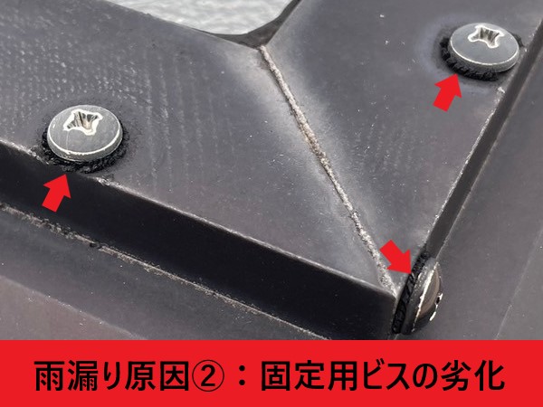 天窓の雨漏り原因　固定用ビスの劣化